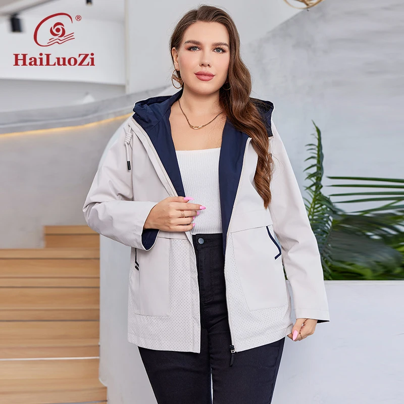 HaiLuoZi 2023 New Trench Coat for Women Double Layer Plus Size Elegent Windbreaker Short Hooded Slant Pocket Female Clothing 732