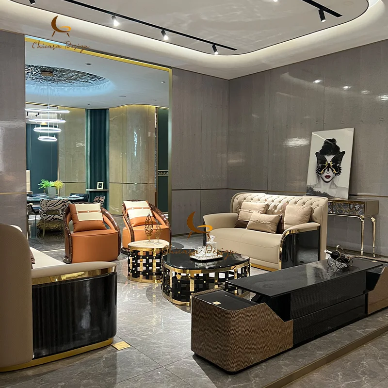 Luxury Stainless Steel Gold Frame Round Coffee Table Modern Marble Top Coffee Table