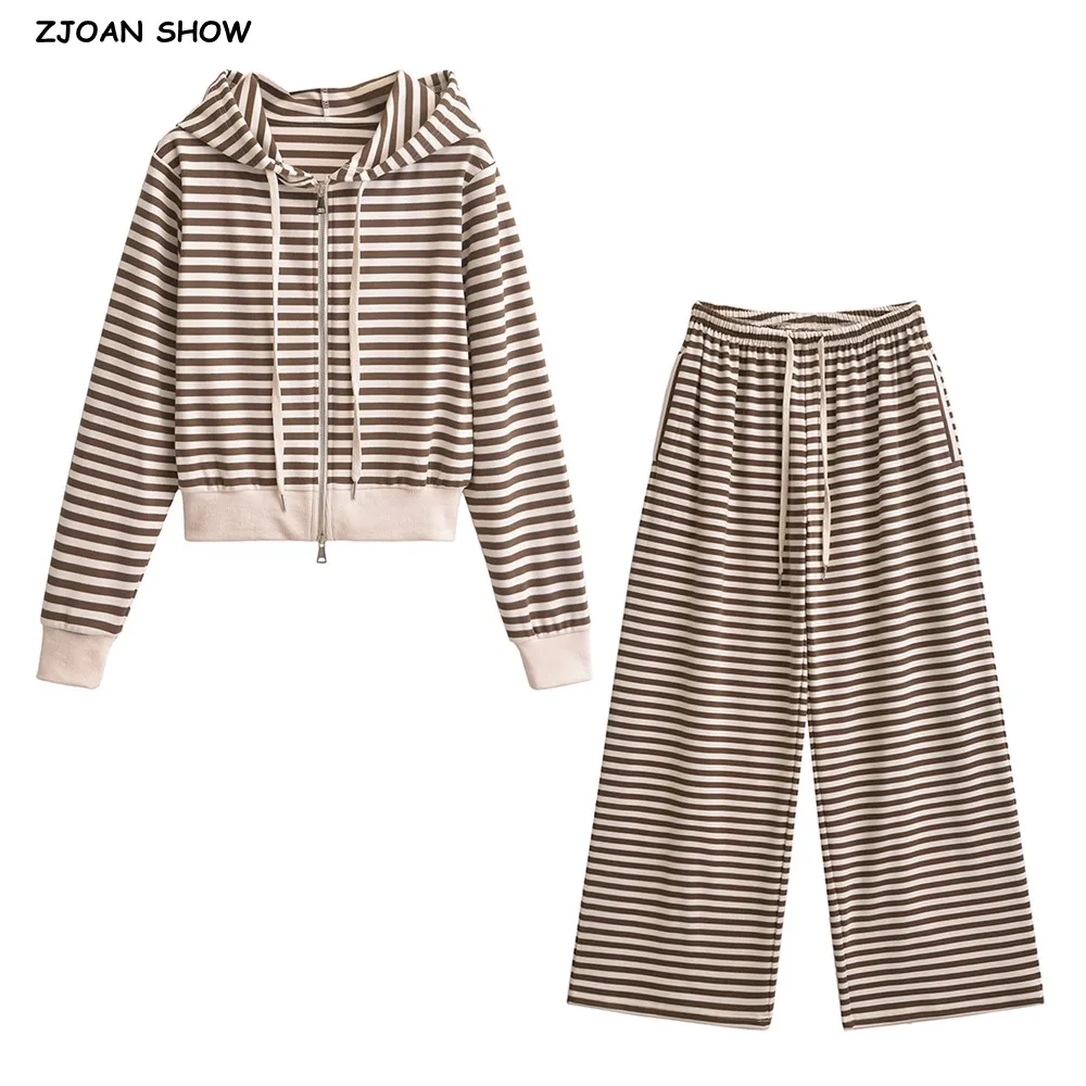 2 pieces 1 Set 2024 Horizontal Striped Zipper Hooded Sweatshirt Women Drawstring Waist Full Length Wide Leg Pants Home Suits