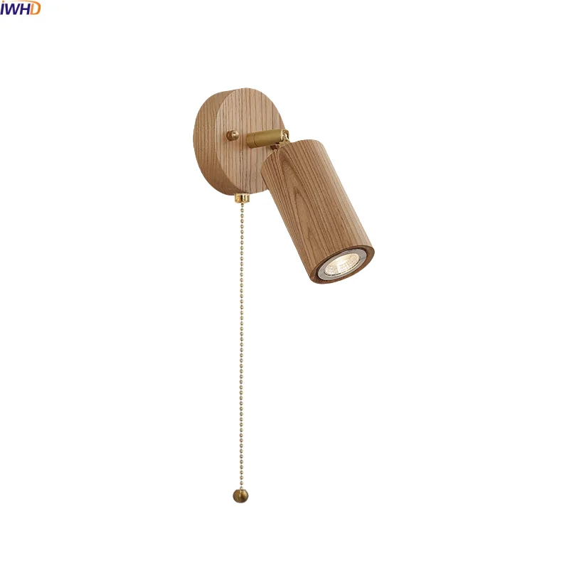 

IWHD Up Down LED Wall Light Living Room Stair Lighting Pull Chain Switch Modern Nordic Simple Wooden Bedside Lamp Aplique Pared