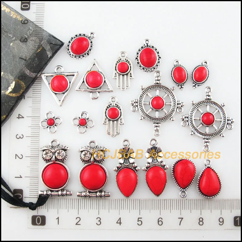 Retro Tibetan Silver Plated Animal Triangle Flower Palm Teardrop Oval Red Turquoise Stone Charms Pendants