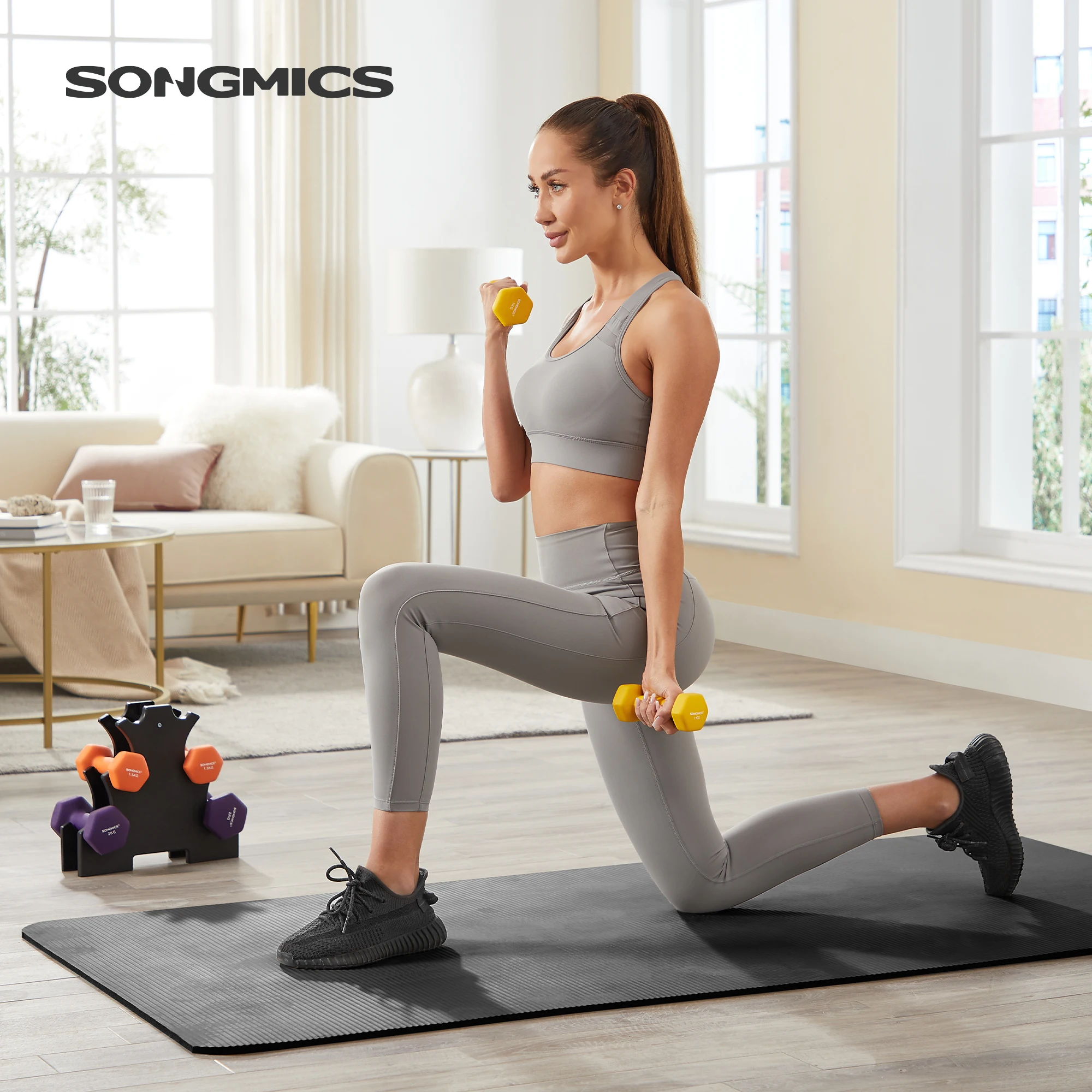 SONGMICS Hex Dumbbells Set with Stand, 2 x 1 kg, 2 x 1.5 kg, 2 x 2 kg, Hand Weights with Neoprene Matte Finish