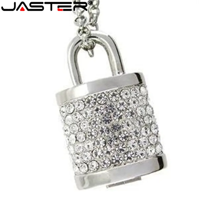 JASTER personalized creative jewelry crystal rhinestone lock usb flash drives 32gb 64GB usb 2.0 diamond necklace pendrive gift