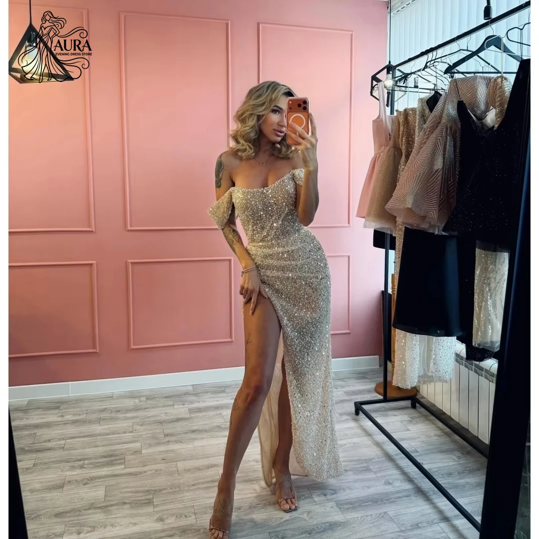 Aura Abendkleider für Damen Party- und Hochzeitskleider Maßgeschneidertes Rotes Spitzenkleid mit Schulterfrei-Design Luxuriöses Partykleid