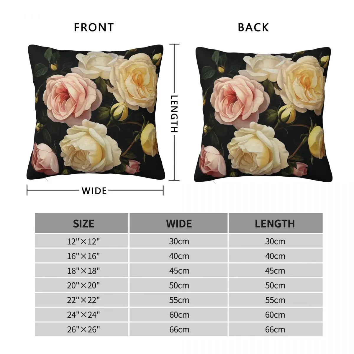Pink Pastel Roses On Black Square Pillowcase Polyester Linen Velvet Creative Zip Decorative Home Wholesale 45x45