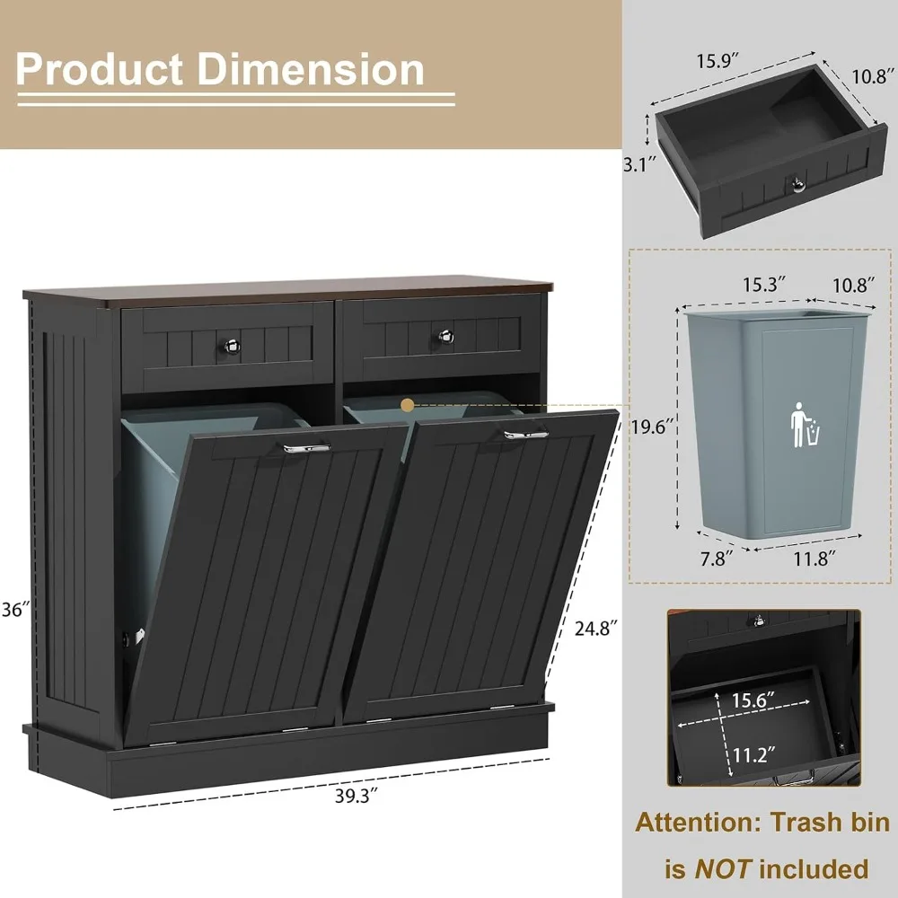 Tilt Out Trash Can Cabinet Dog Proof Double Wood Hidden Holder Black