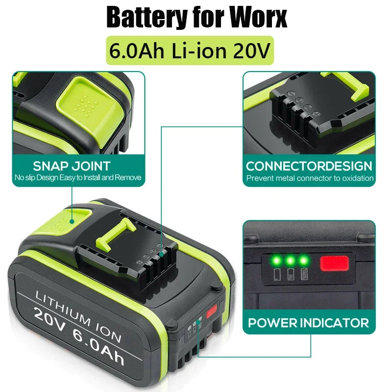 

6000mAh Replacement Worx 20V Max Li-Ion Battery WA3551 WA3553 WA3641 WX373 WX390 Rechargeable Tool