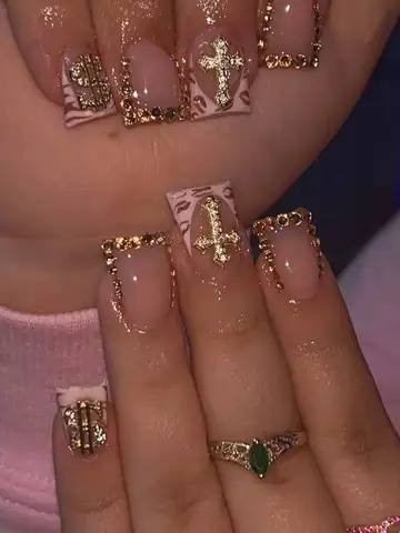 10PCS Diamond French Pointed Nail Short Square Nail Nude Fake Nail With Gold Glitter Diamond Nail Leopard Print Fake Nail