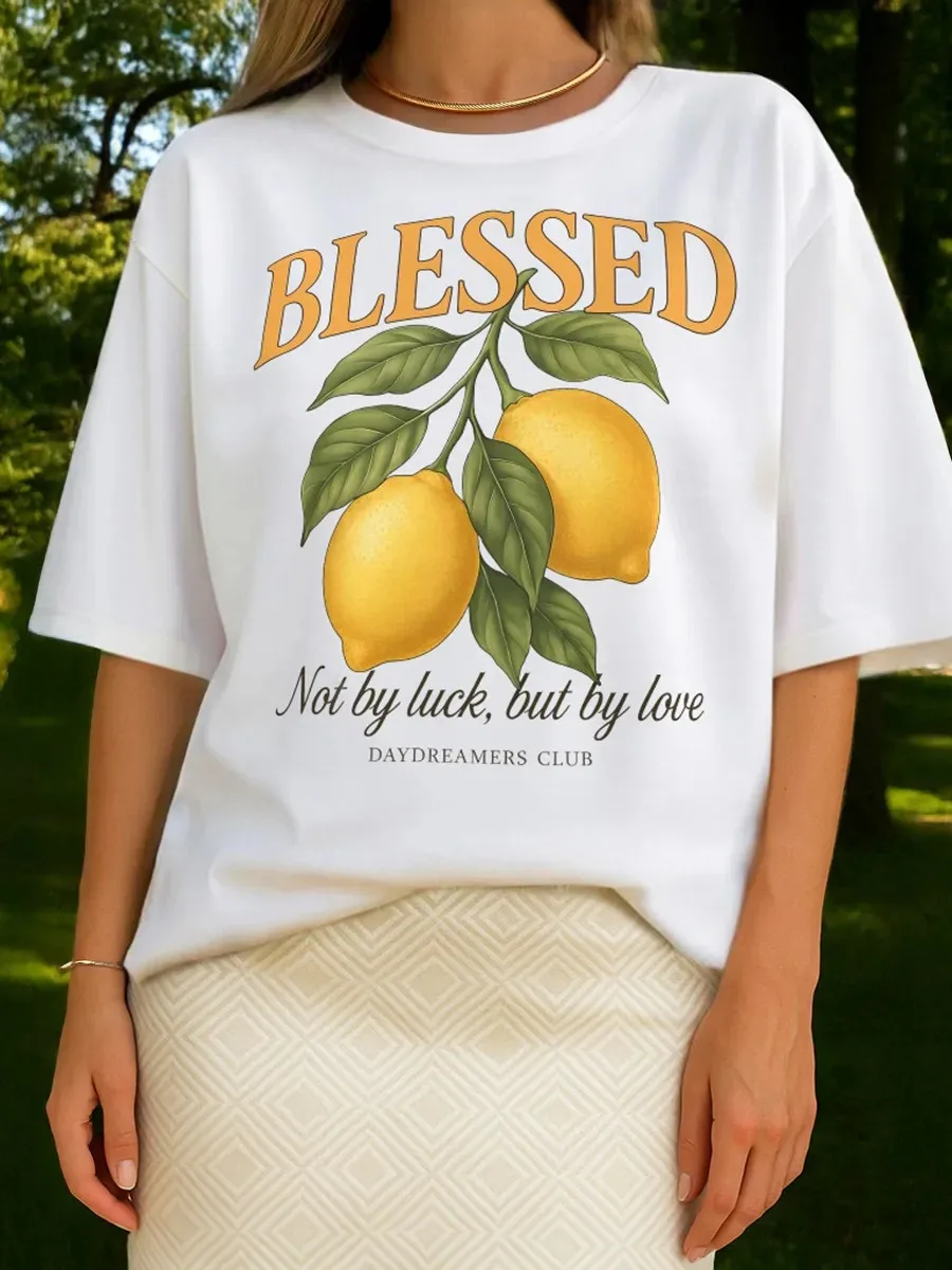 100% Cotton T-shirt 2026 Summer Women's Fun Age Reducing Fashion Lemon Printed Versatile Top ins Women's Clothing Short Sleeve