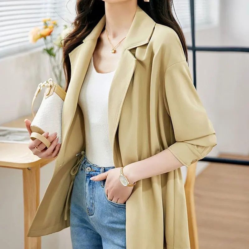 Female Clothing Solid Color Jackets Fashion Shirring Spring Autumn Long Sleeve Single Button Korean Loose Tailored Collar Coats