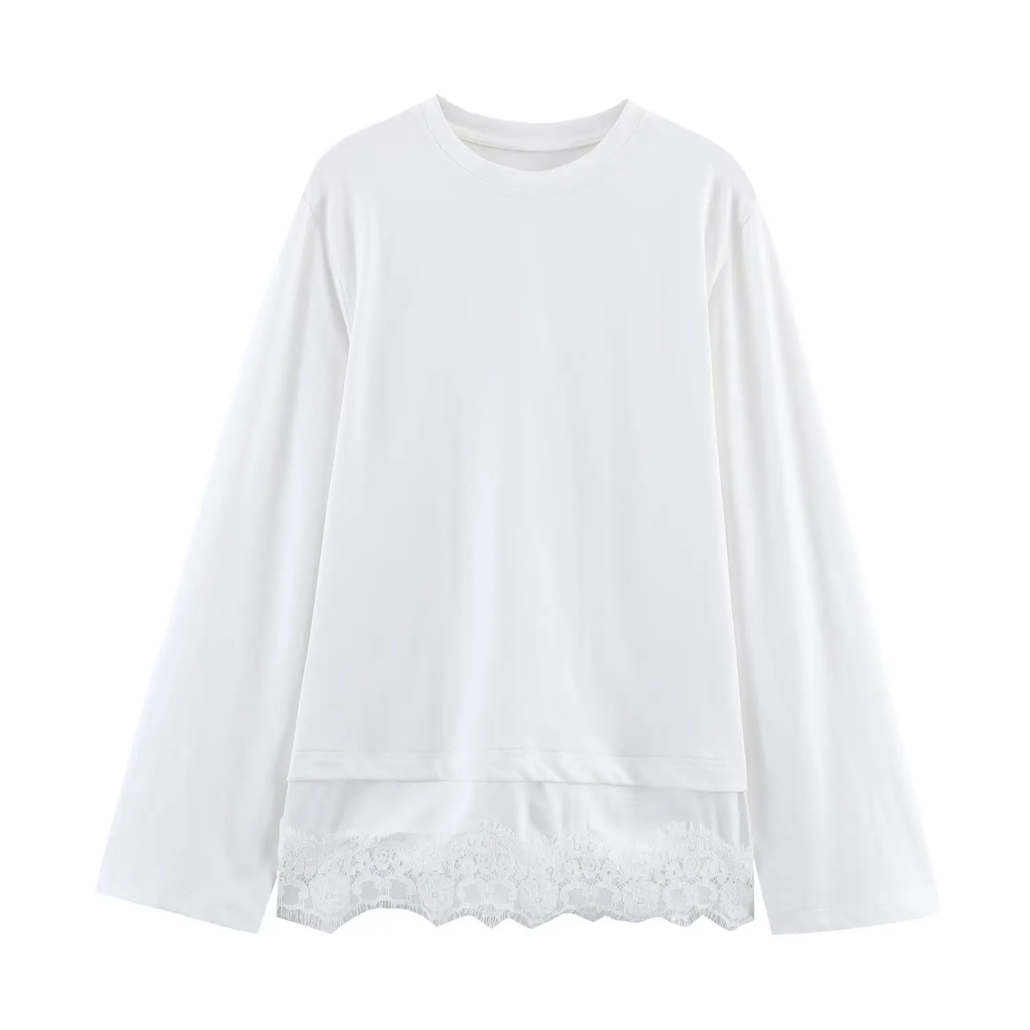 

Женская футболка с кружевными вставками и пэчворком, повседневная белая футболка с кружевным подолом и длинными рукавами, свободного кроя, с круглым вырезом, удобный топ на каждый день BX13