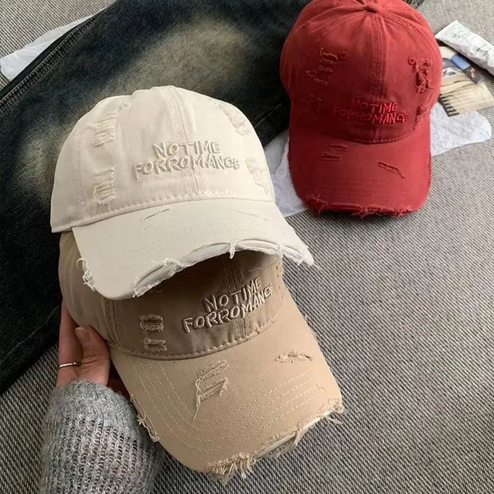 

Регулируемая рваная бейсболка с вышивкой алфавита, бейсболка из стираного хлопка с буквами, винтажная корейская фуражка с отверстиями для подростков