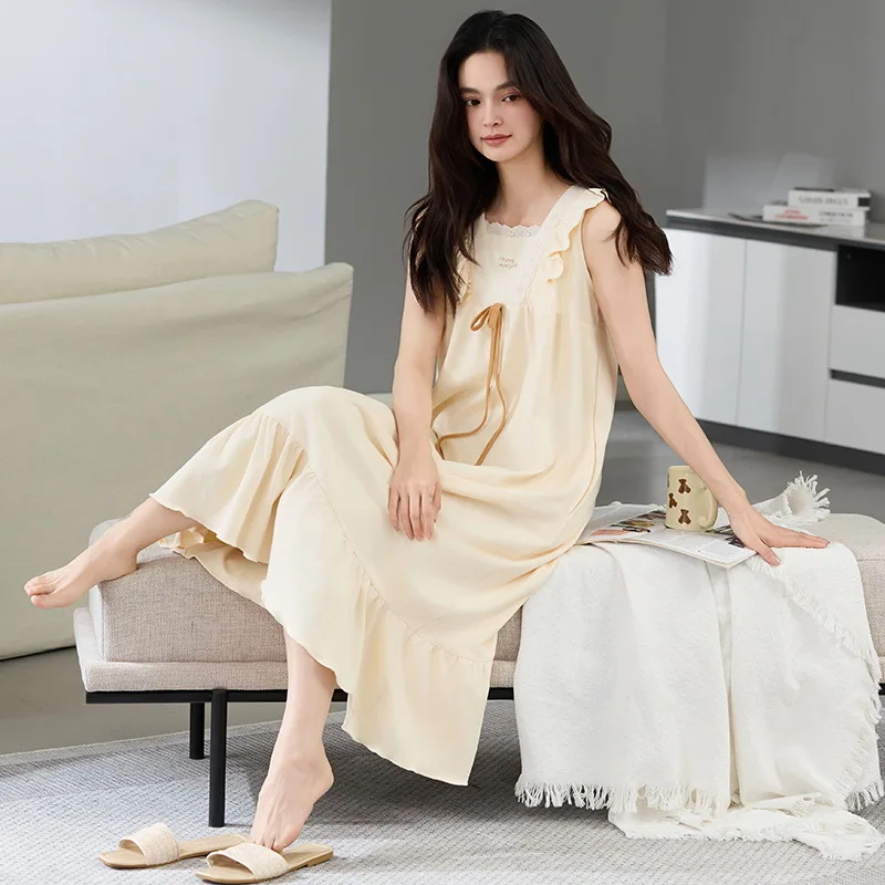 Class A Antibacterial Sleeveless Nightgown for Women Summer Sweet Princess Style Maternity Loungewear Loose Large Size 4XL Size