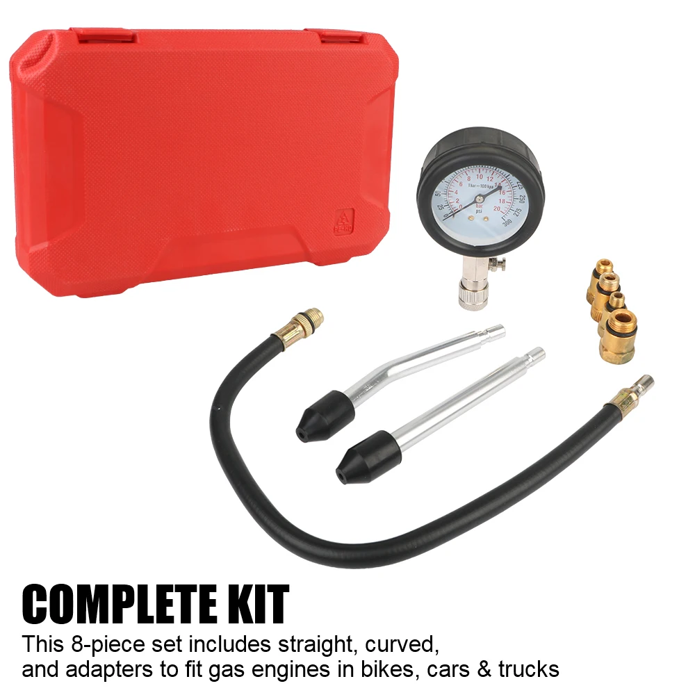 Gasoline Engine Compression Meter 0-300 PSI Pressure Gauge Automotive Cylinder Tester Kit with M10 M12 M14 M18 Adapter