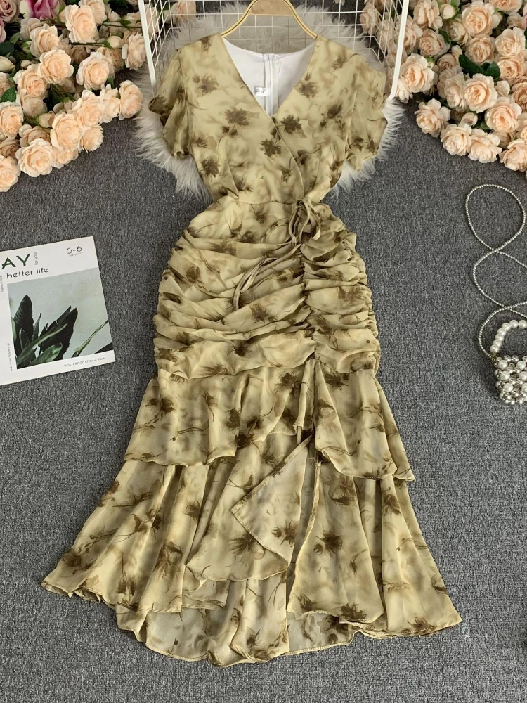 Summer Chiffon Dresses for Women V Neck Print Heart Machine Slim  Fishtail Dress Hot Women Clothing