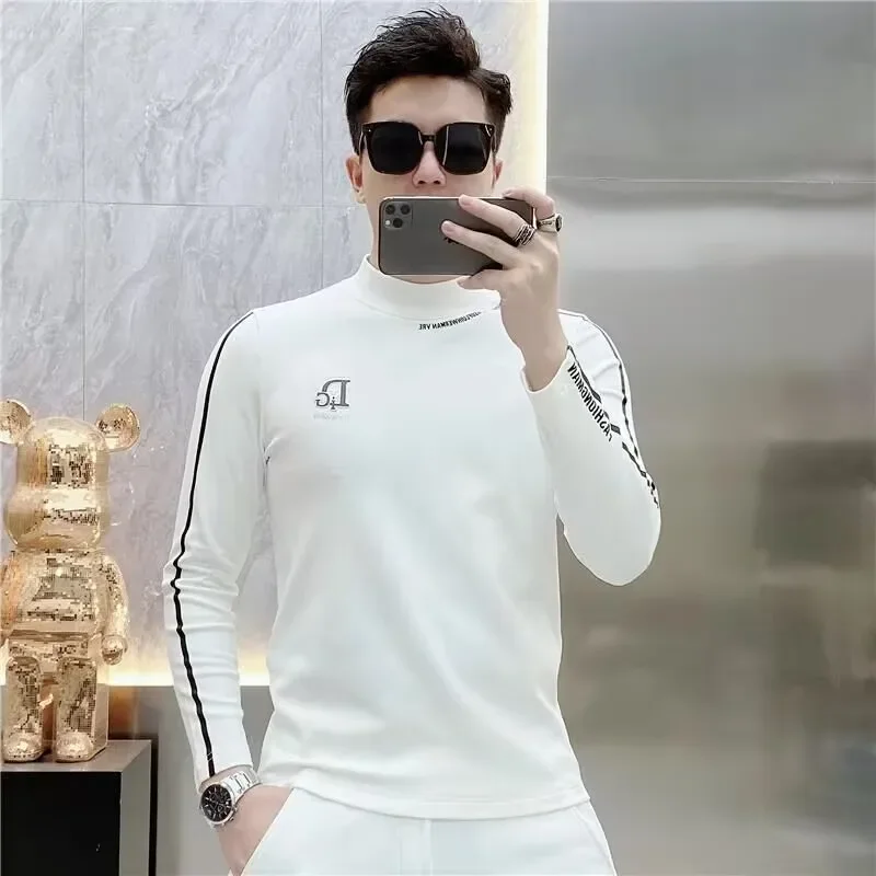 Luxury Embroidery Half High Collar Bottoming Shirt for Men Slim Fit Casual Long Sleeved T-shirts Social Sweatshirt Pullover image 3