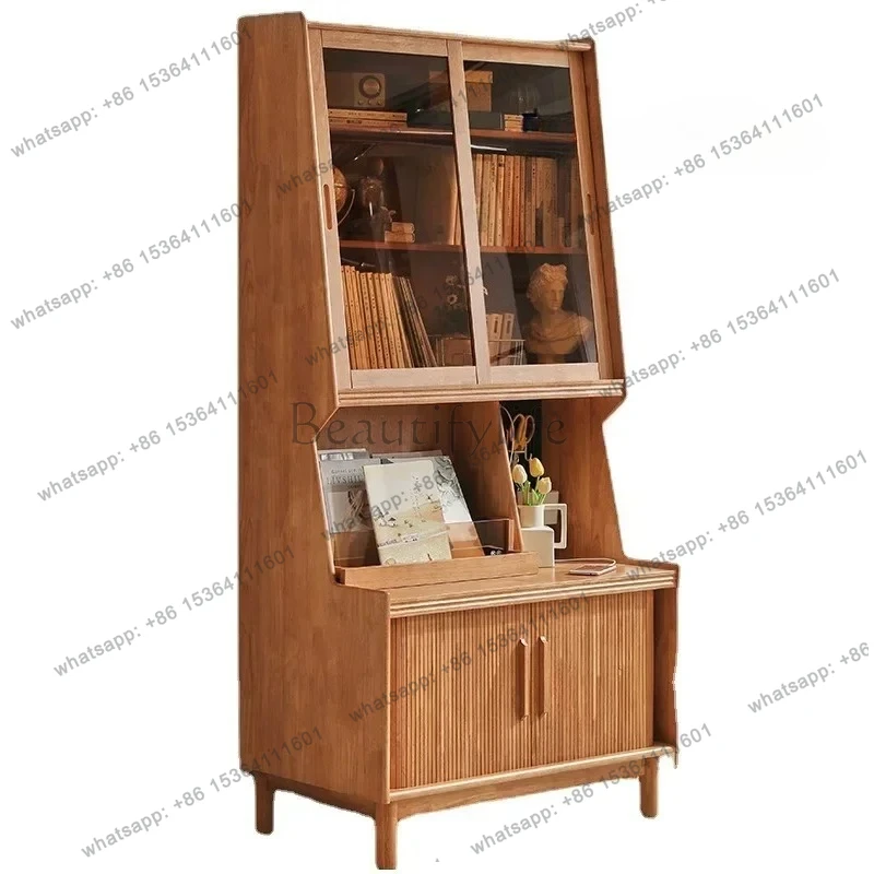 Solid wood bookcase Floor-to-ceiling bookcase Glass bookcase with door Dust-proof storage File cabinet