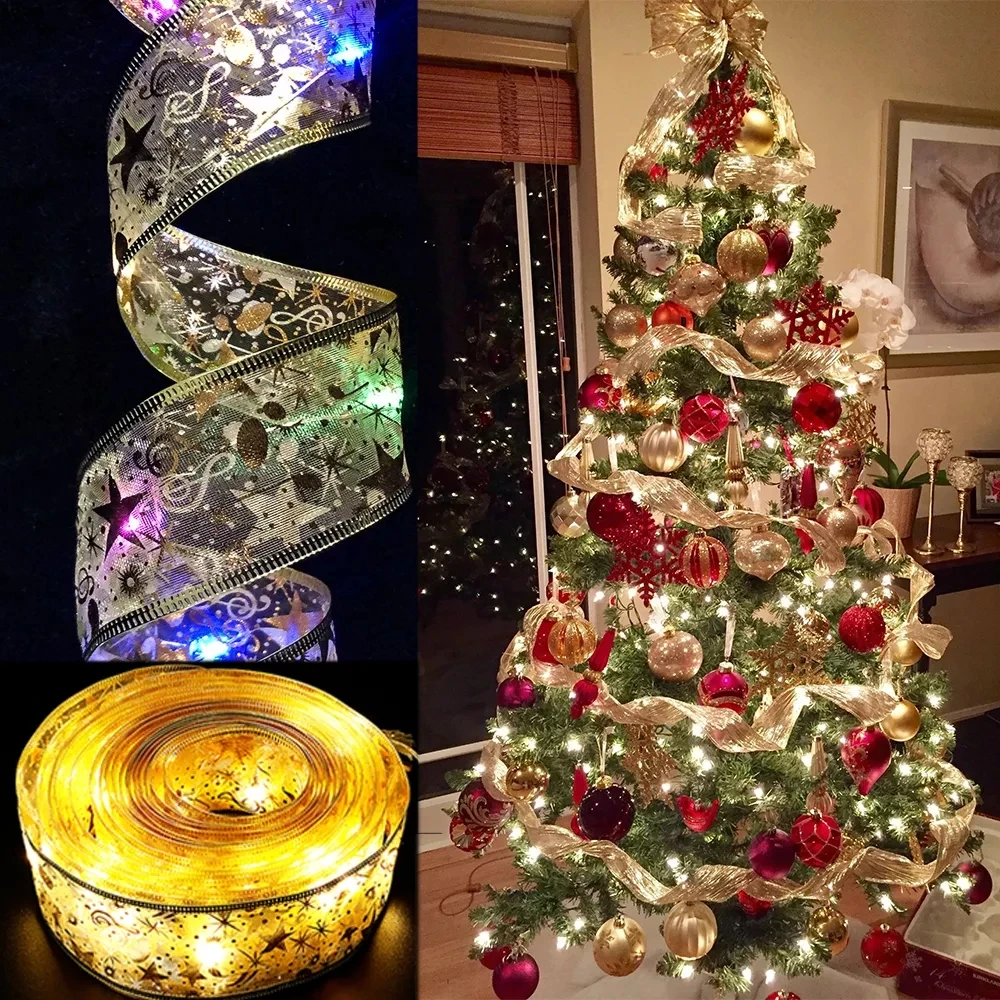 

LED Ribbon Fairy Lights 1/2/5M Christmas Tree Ornaments Lace Bows String Lights Battery Operated New Year Navidad Home Decors