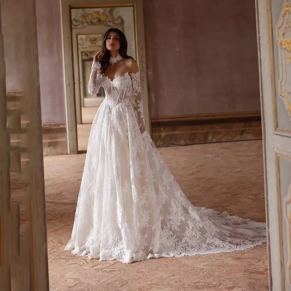 

Customized Sweetheart Long Sleeves Wedding Dresses Lace Appliques Train Bridal Gown Backless Dress vestidos de novia Boda