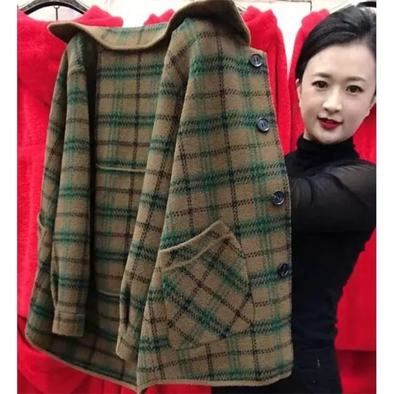 

2023 New Double-Sided Plaid Jackets Autumn Winter Women Middle-Aged Elderly Woolen Coat Loose Overwear Large Size 6XL Female Top