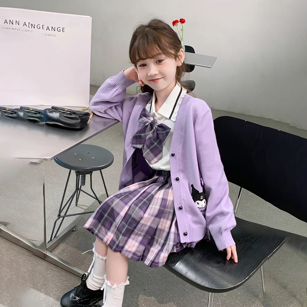 

Kuromi Cinnamoroll 3Pcs Girls' Jk Plaid Skirt Set Anime Sanrioes Y2K Cardigan Pleated Skirt Kids Spring Autumn College Style Set