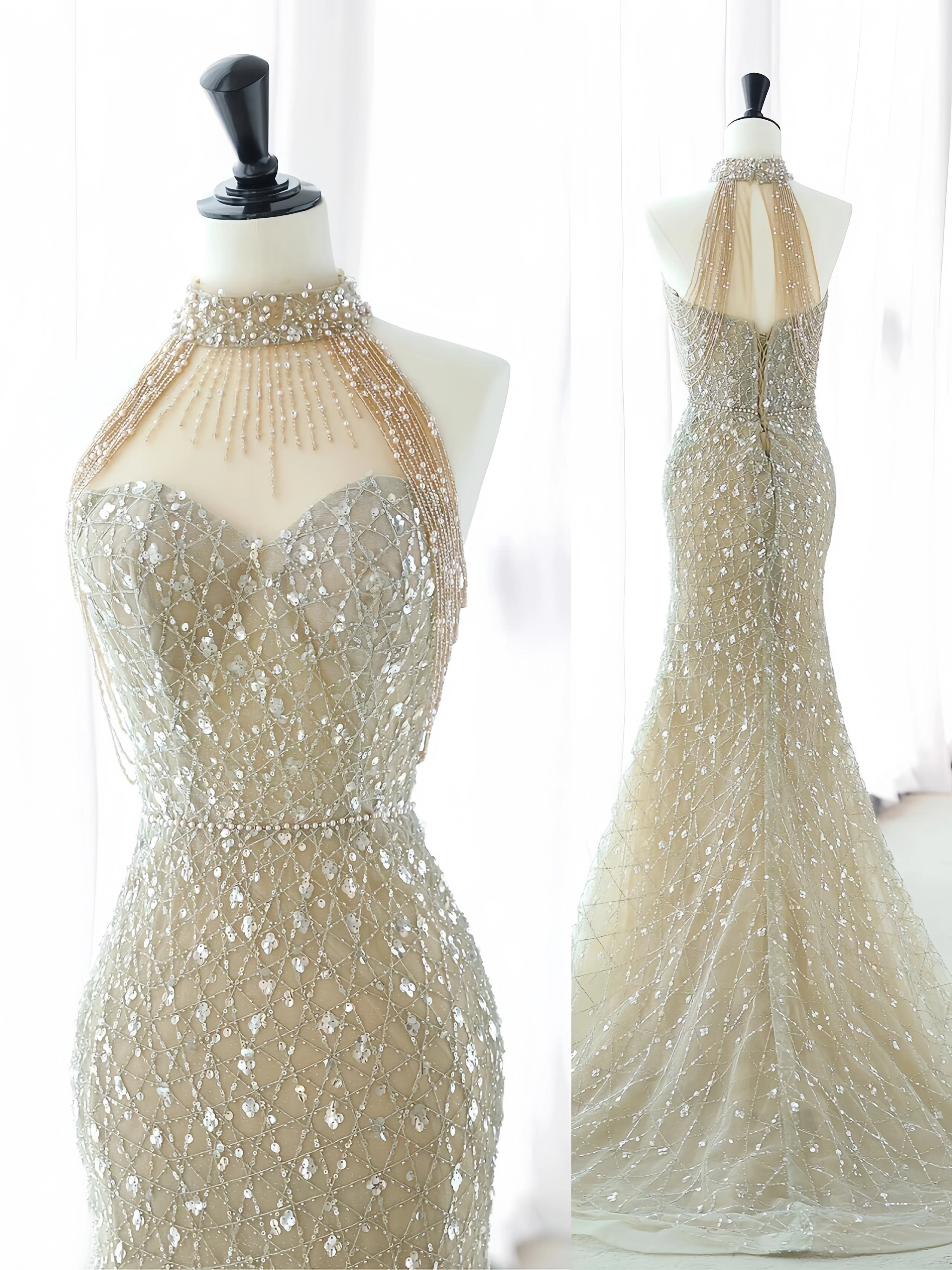 Gorgeous Champagne Blonde Evening Dress Fishtail With Sequined Crystal Pearl Crew Neck Sleeveless Special Occasion Banquet Dress