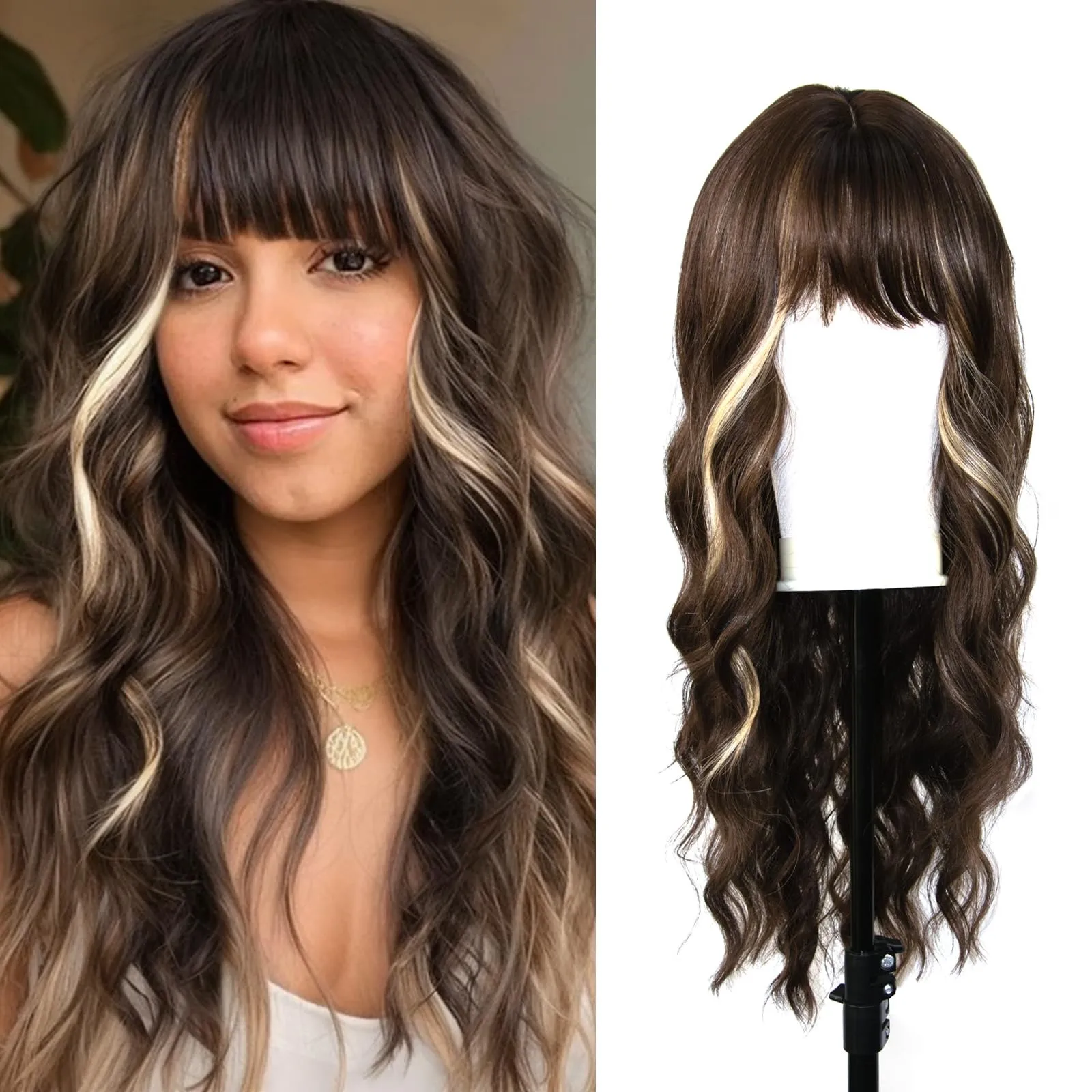 

Brown Wig with Bangs for Women, 26 inch Long Wavy Brown Highlight Wig