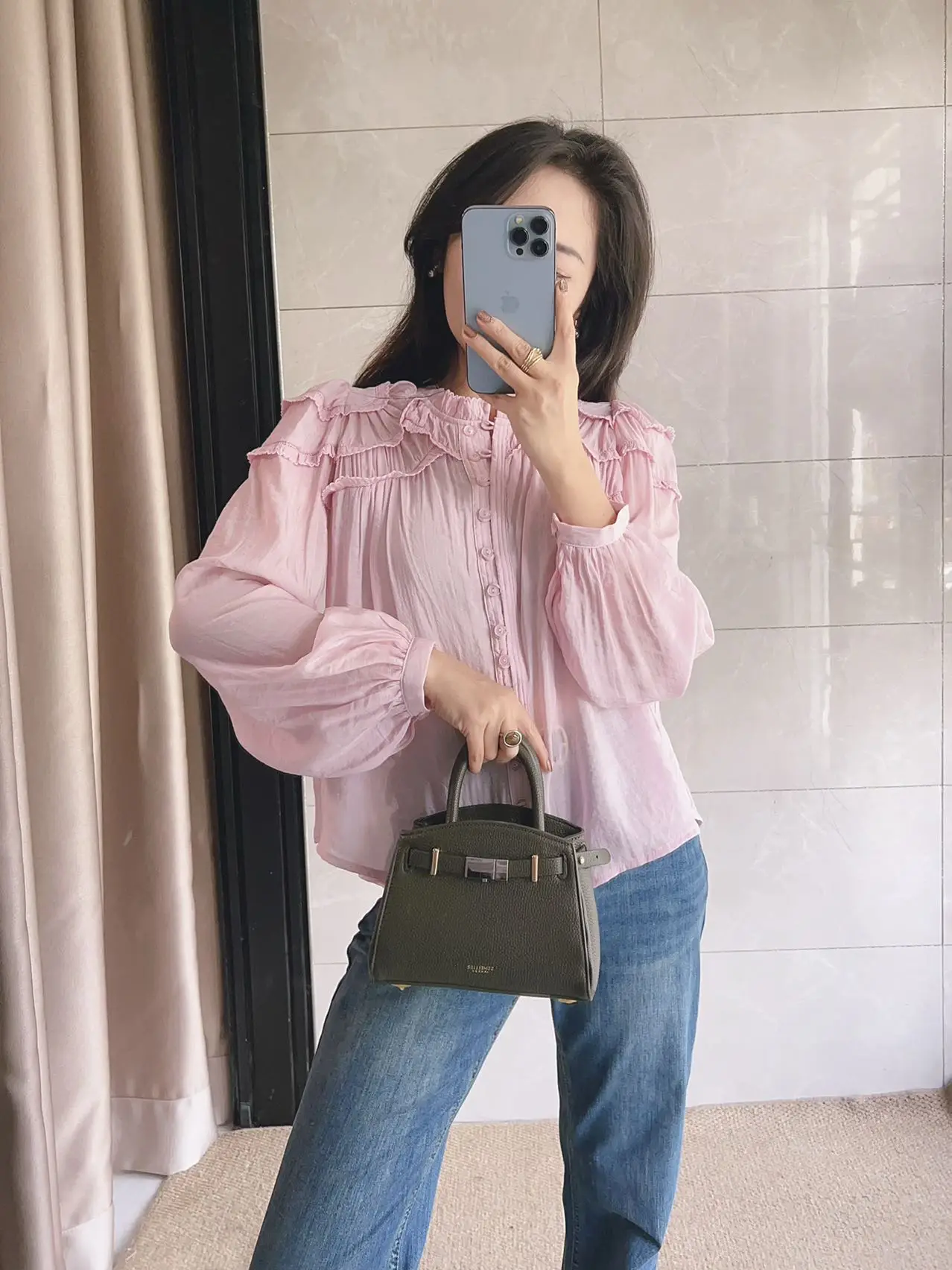 

Романтичная женская рубашка в стиле принцессы, розовая шифоновая рубашка с кружевной отделкой, утягивающая фигуру, с длинными рукавами, во французском стиле, свободного кроя, из смесового хлопка