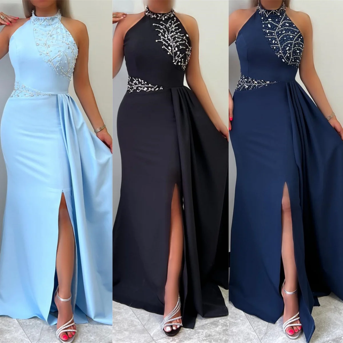 

Evening Dress Formal Saudi Arabia High Collar Sheath Floor Length Skirts Bead Beading Sleeveless Bespoke Occasion Dresses Prom G