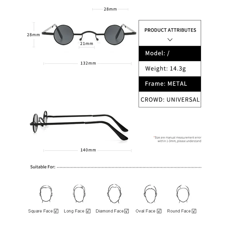 Klassische kleine runde Sonnenbrille Mann Sonnenbrille Vintage Rock Punk Black Metal Steampunk Sonnenbrille Frauen Mini Hip Hop Sonnenbrille – Detail 7