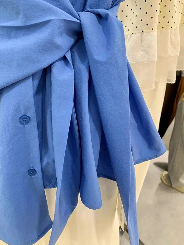 

Casual Side-Tie ort-Sve irt for Women Korean Sle Loose Fit Summer Design Sensation Waist-Cinching Top