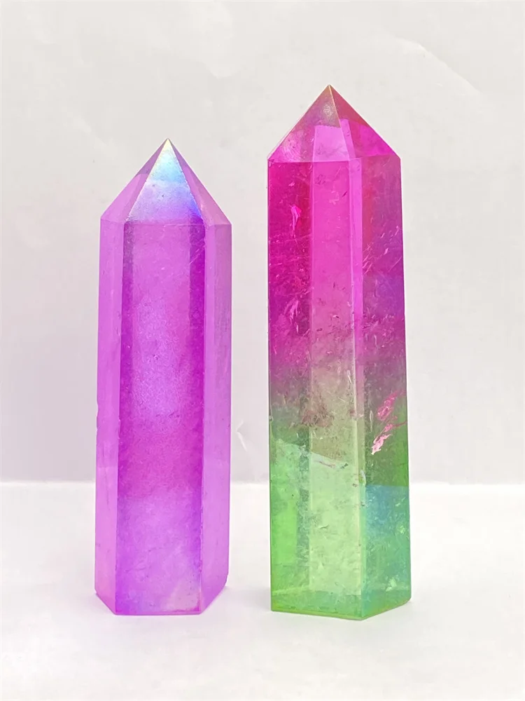 

Natural White Crystal Rainbow Electroplated Obelisk Crystal Tower Healing Aura Magic Wand Fortune Blessing Home Decoration