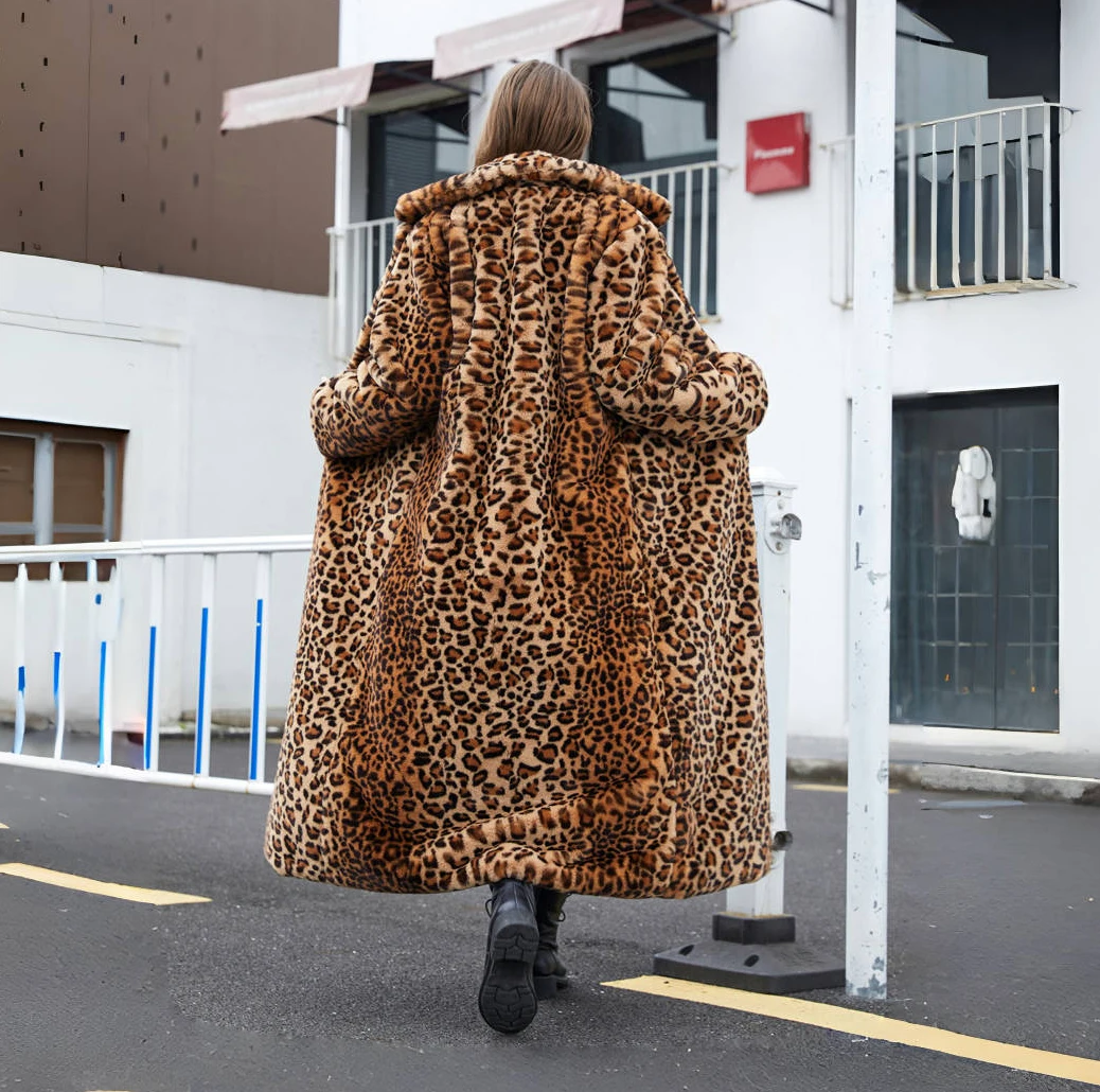 Winter Mode Lose Verdicken Outwear Luxus frauen Flauschigen Leopard Print Mantel Faux Pelzmantel Straße Volle Hülse Weiblichen Mantel
