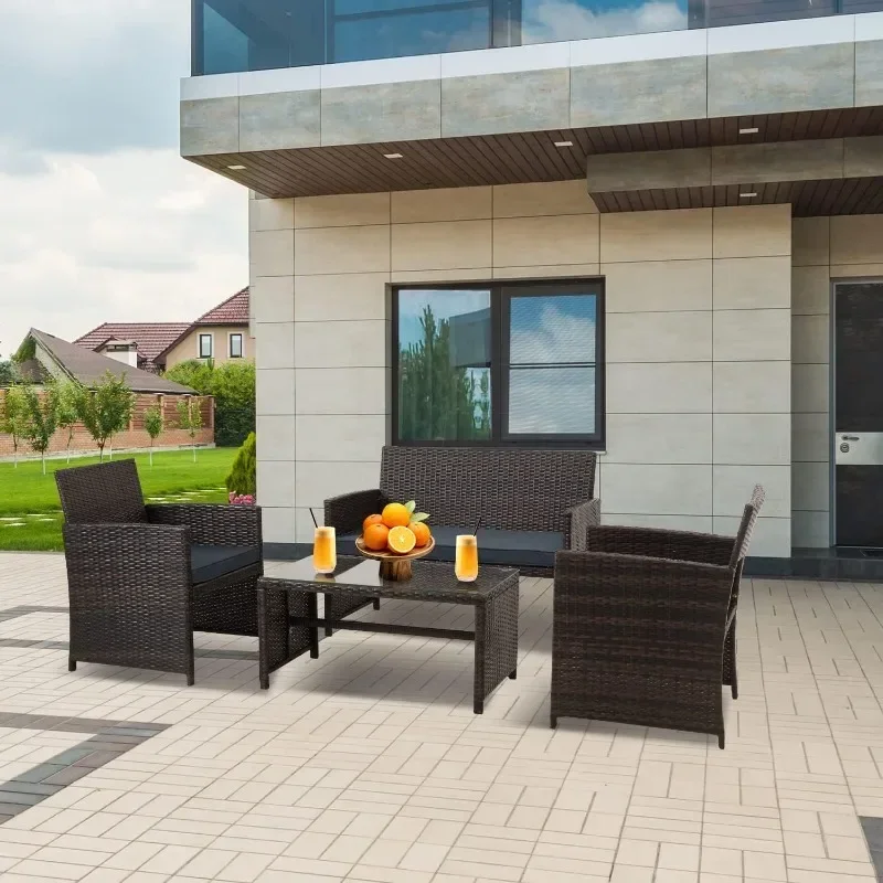 

A 4 Pieces Patio Furniture Set,Porch Conversation Set for Garden, Outdoor PE Rattan Wicker Chairs with Cushion