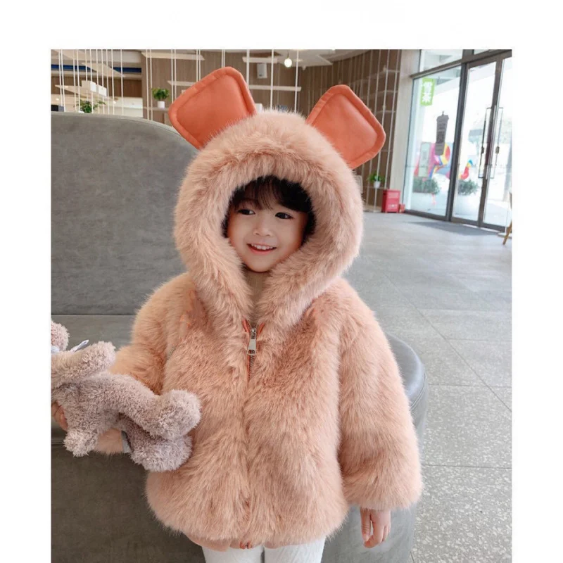 

Girls' Winter Fur Coat New Thickened Little Girl's Furry Hooded Fashionable Children's Jacket