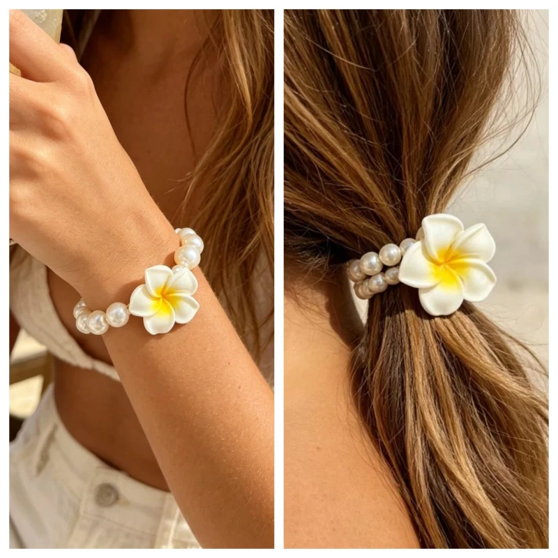 Flower Hair Tie for Women Dual-use Pearl Hair Rope Bracelet Sweet Tropical Floral Elastic Hair Band Beach Hair Accessories
