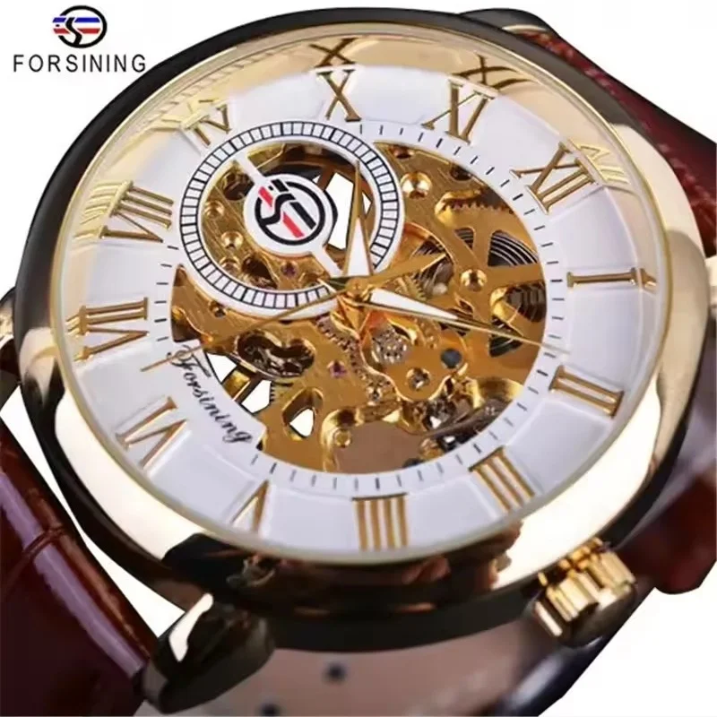 Forsining 99A Advanced Classic Men's Manual Mechanical Watch 3D Luxury Hollow Dial Night Light Leisure Men's Golden Clock Gifts