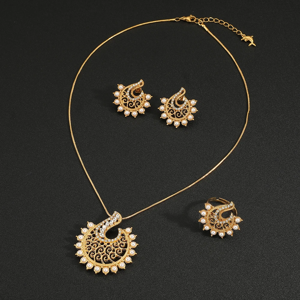 Hot Arabian Style Pearl Geometric Pendant Necklace Earrings Ring 3 Piece Set Classic Banquet Wedding Jewelry Set Birthday Gift