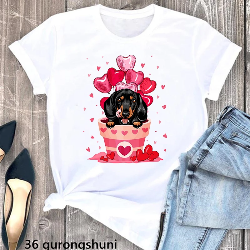 

Kawaii Chihuahua/Dachshund/Corgi Animal Print Tshirt Women Clothes 2022 Funny White T Shirt Femme Valentines Day T-Shirt Female