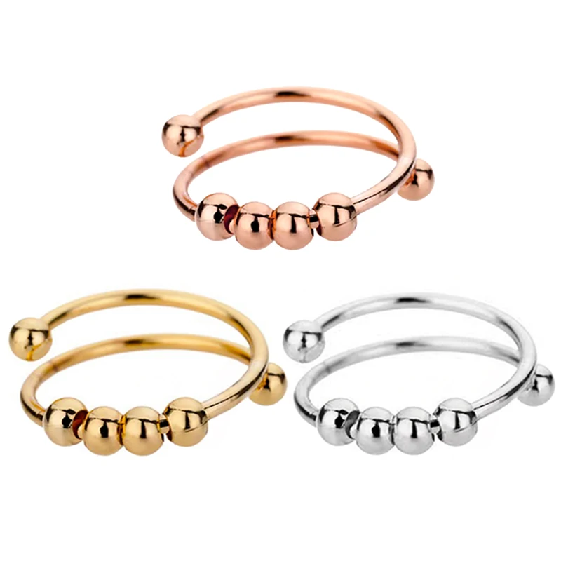 Fashion Anxiety Fidget Rings Adjustable Stainless Steel Tarnish Free Silver 18K Gold Color Rotatable Beads Women Jewelry