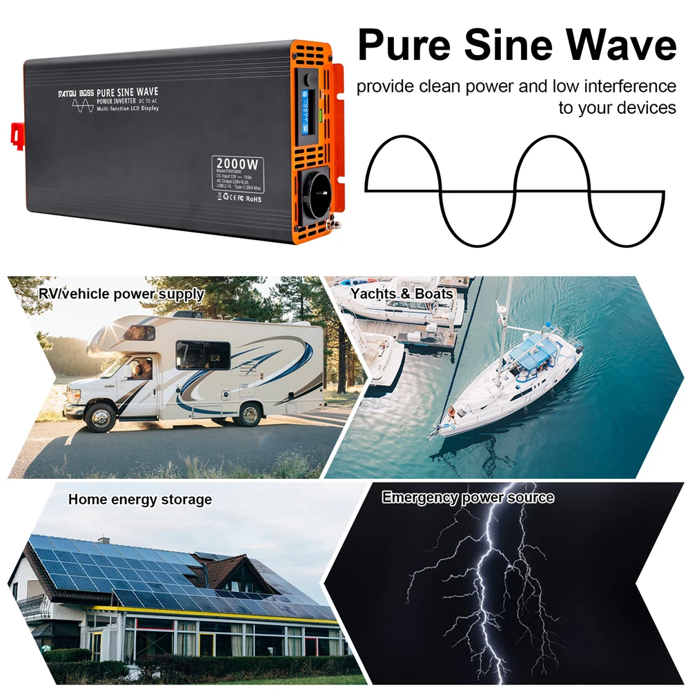 DATOUBOSS 2000W Wechselrichter DC 12V/24V/36V Reiner Sinus-Wechselstrom AC 220V Stromwandler für Zuhause, LKW und Auto mit USB Typ C LCD – Detail 9
