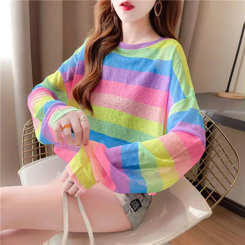 

Разноцветная полосатая рубашка-пуловер с длинными рукавами, солнцезащитная, женская, летняя, легкая, свободного кроя, сетчатая, универсальная, для кондиционированных помещений JJ13