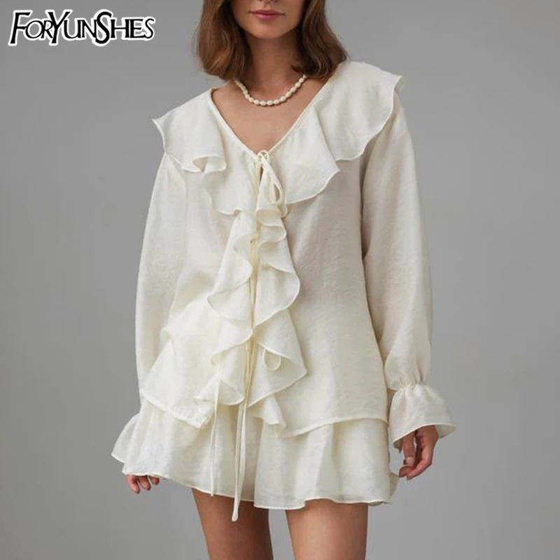 

Casual Shorts Two-piece Set Women's Ruffled Loose Tie Top Simple Shorts Set Office Lady 2025 Summer Vacation Y2K Clothes