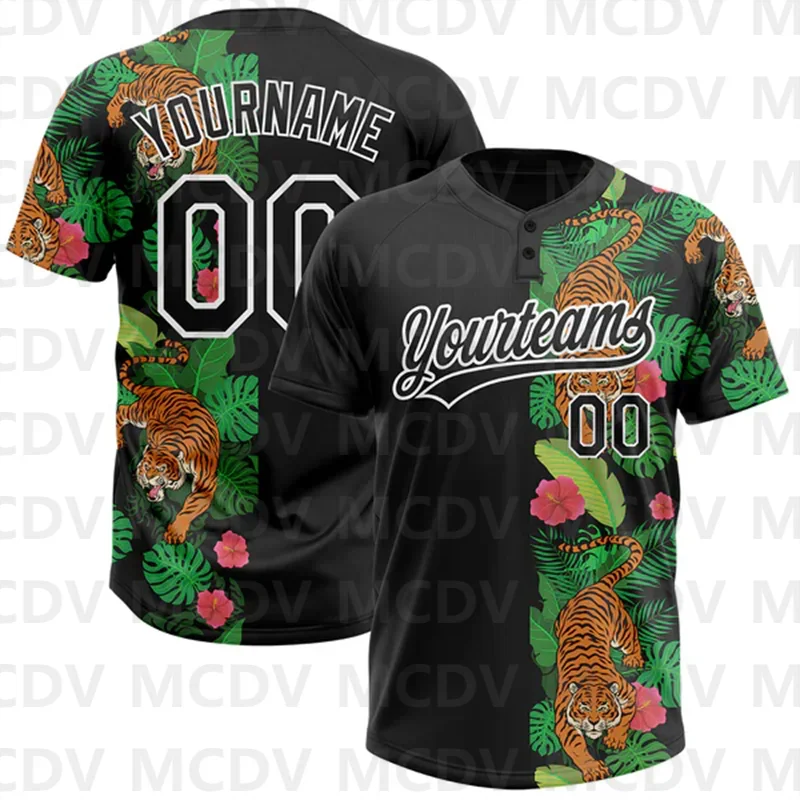 Custom Black Lakes Blue 3D Pattern Hawaii Tropical Palm Leaves Two-Button Unisex Softball Jersey image 4
