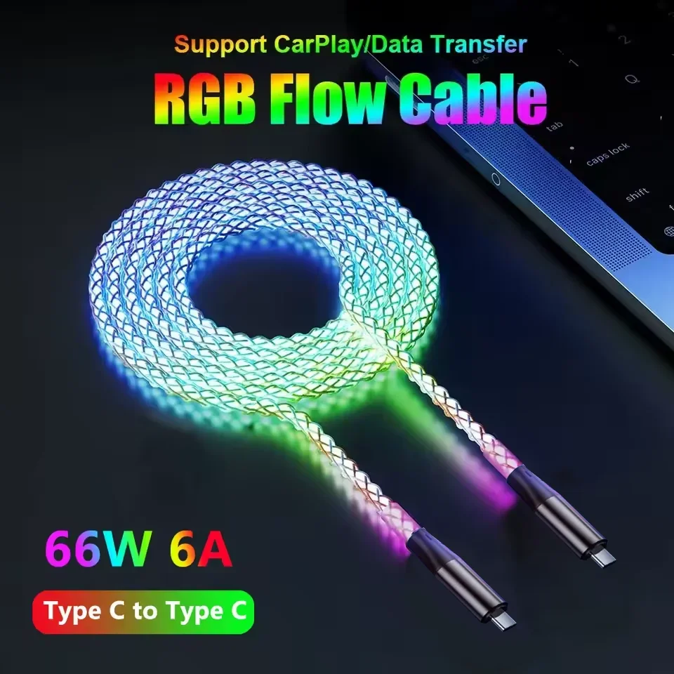 1m 6A 66W USB A Type C Glowing Charging Cable Mobile Phone Charger Cable LED Light Fast Charge Cord For Samsung Xiaomi iPhone 15