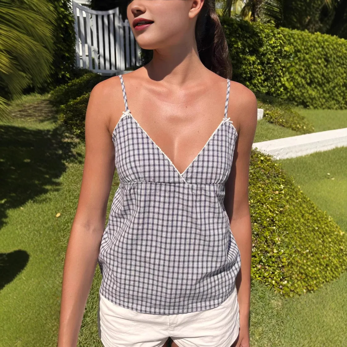 New Bow V-neck Lace Small Plaid Sling Vest Back Strap Waist Thin Top Women