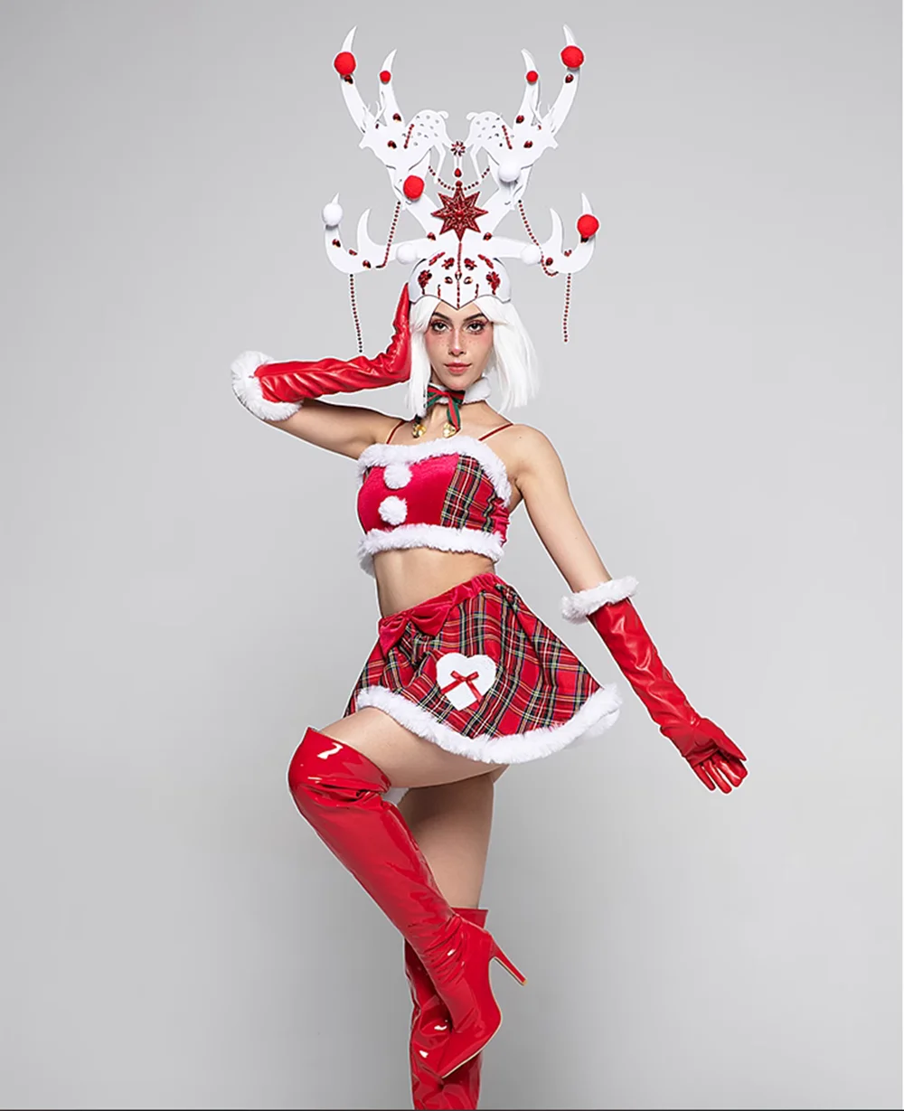 Christmas 2023 Gogo Performance Dress Cute Deer Little Deer Horn Headwear Set DS Women's Set Bar New Clothing