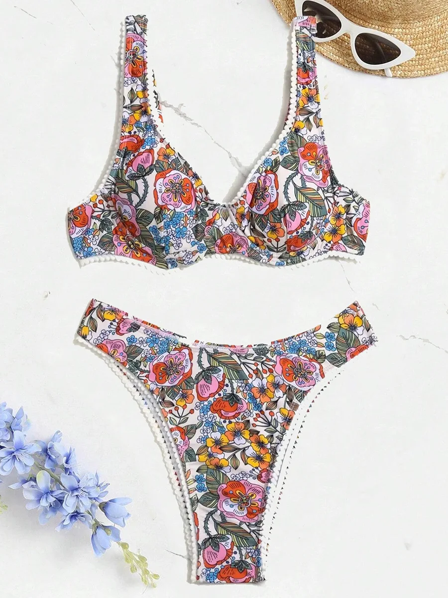 Maillot de bain à armatures imprimé floral pour femmes, ensemble deux pièces, soutien-gorge push up, tenue de plage