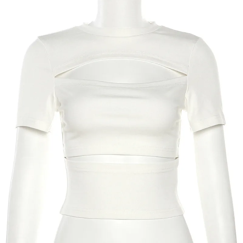 2023 primavera nueva ropa de mujer Color sólido adelgazante abierto Umbilical moda urbana cuello redondo Camiseta de manga corta para mujer