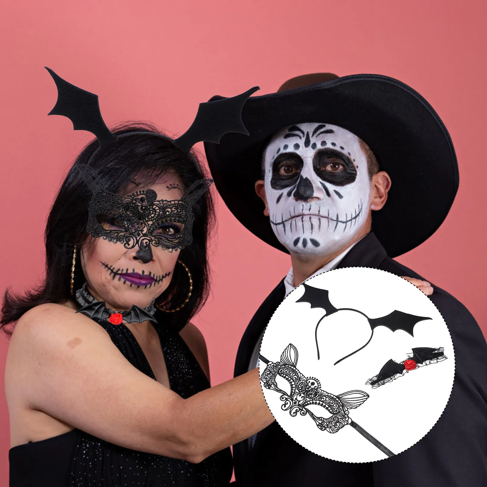 1 Set de Accesorios de Disfraz de Halloween para Mujer: Diadema de Murciélago, Gargantilla de Encaje, Antifaz y Máscara de Mascarada para Fiesta